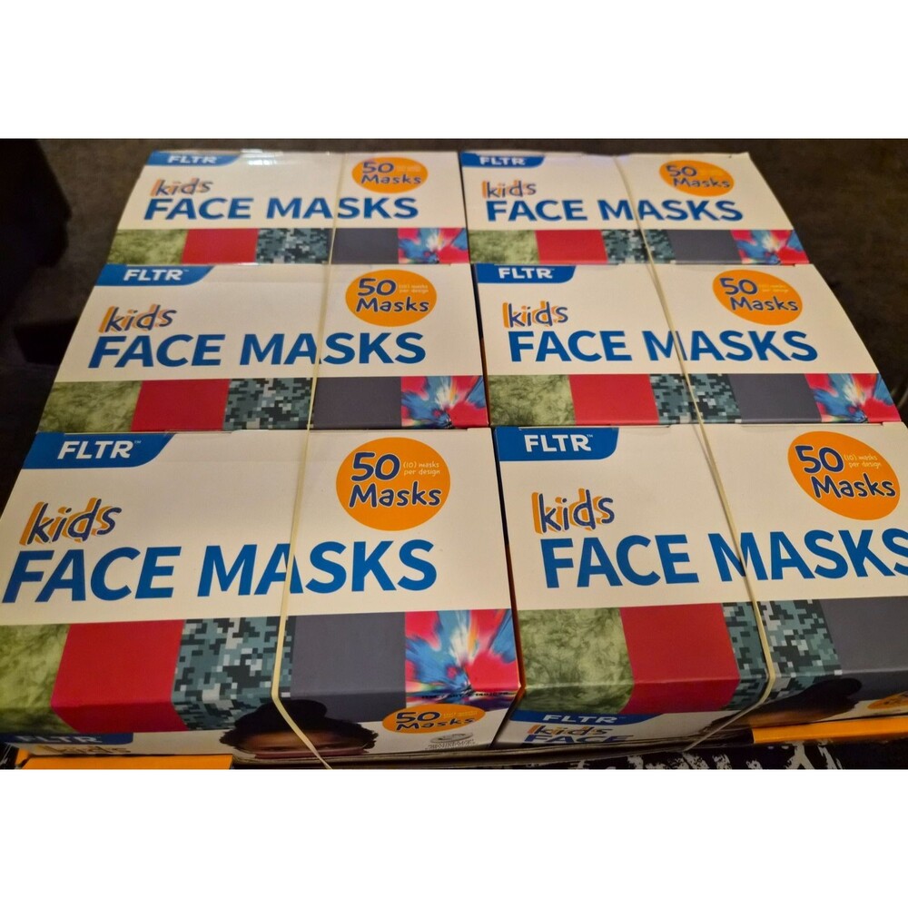 Lot of 6, FLTR Kids Face Masks 5 Designs 50 Pack, 20 adjustable ear loop clips